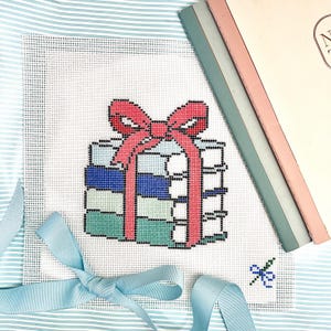 Books with Bow Needlepoint Canvas – Hand-Painted on 13 Mesh — Beginner Friendly