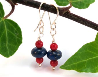 Coral and Lapis Earrings, Blue and Red Drop Earrings, Gift for Wife, Girlfriend, Mum