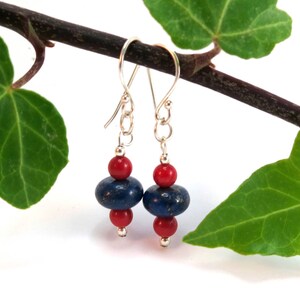 Coral and Lapis Earrings, Blue and Red Drop Earrings, Gift for Wife, Girlfriend, Mum image 1