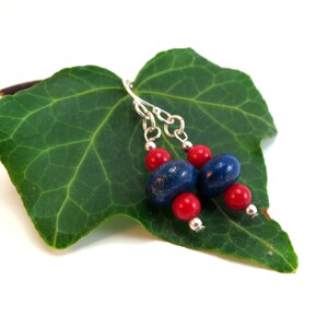 Coral and Lapis Earrings, Blue and Red Drop Earrings, Gift for Wife, Girlfriend, Mum image 3