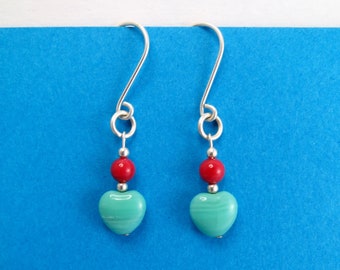 Red Coral and Turquoise Earrings - Sterling Silver Drop Earrings - Gift for Her