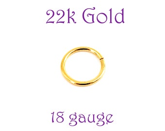 22k Solid Gold Hoop Earrings - 18 gauge Endless Hoops - Single or pair - Ear, Cartilage, lip, Nose Ring