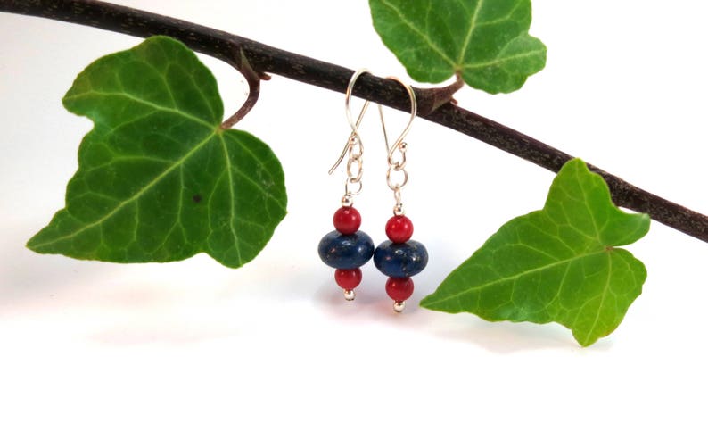 Coral and Lapis Earrings, Blue and Red Drop Earrings, Gift for Wife, Girlfriend, Mum image 1