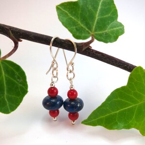 Coral and Lapis Earrings, Blue and Red Drop Earrings, Gift for Wife, Girlfriend, Mum image 2