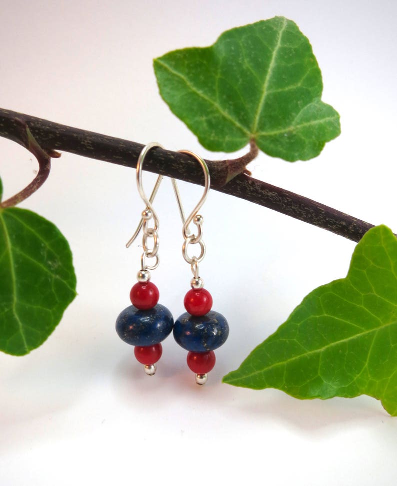 Coral and Lapis Earrings, Blue and Red Drop Earrings, Gift for Wife, Girlfriend, Mum image 2