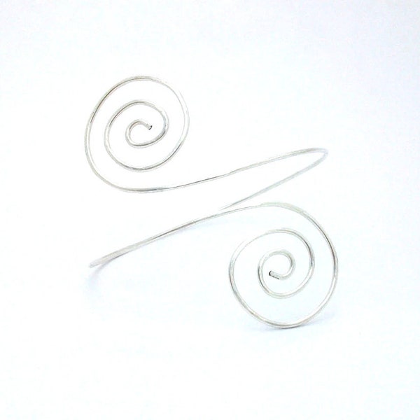 Double Spiral Sterling Silver Armlet, Upper Arm Cuff Bracelet, Goddess Arm Band