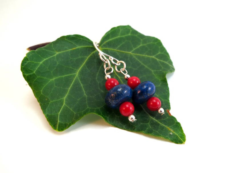 Coral and Lapis Earrings, Blue and Red Drop Earrings, Gift for Wife, Girlfriend, Mum image 3