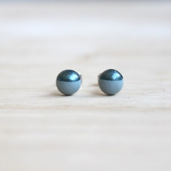 tiny wooden stud earrings gray metallic-blue dipped // grey post earrings - 6 mm // everyday jewelry, eco-friendly, pastel stud earringsmm -