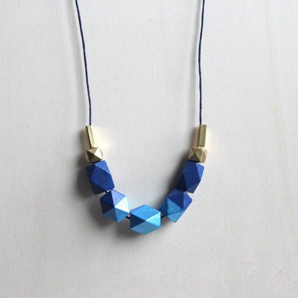 blue wooden geometric necklace // modern dipped necklace for girls, women - bright and trendy everyday jewelry