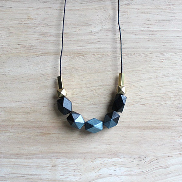 wooden geometric necklace, black metallic teal blue necklace for girls, women, everyday jewelry