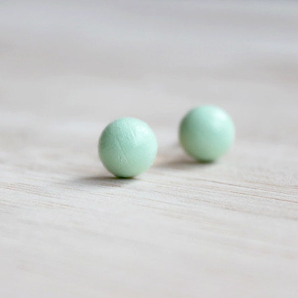 bright mint green wooden earring studs // tiny wood post button earrings - everyday jewelry, eco-friendly jewelry, pastel stud earrings