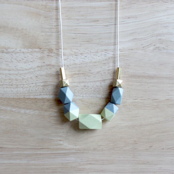 pastel wooden geometric necklace // light green gray dipped necklace for girls, women - minimalist everyday jewelry - eco-friendly