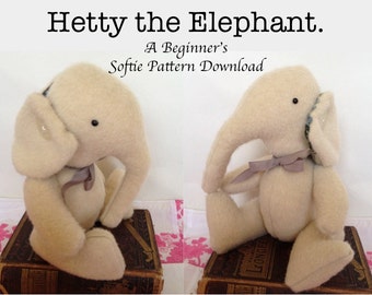 Stuffed Elephant Pattern, Hetty the Elephant - Softie Pattern for Beginners.  Downloadable Toy Pattern to Sew.