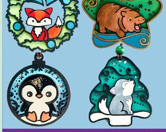 BUNDLE of 4 Baby Animal SVG Laser Files Moo Deng Hippo Cute Wolf Christmas Ornament Adorable Penguin Fox Kit 3D Kids Two Layer Easy Paint