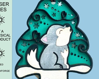 Layered Wolf Laser svg File, Adorable Husky Cub Ornament in Christmas Tree, Easy Paint Sign Wall Hanging, Kawaii Nursery Decor, 2Multi Layer
