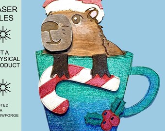 Capybara in Cocoa SVG Laser File, Cute Beaver in Mug 3D Layered Ornament, Humorous Guinea Pig in Cup, Groundhog DIY Easy Paint Kids Project