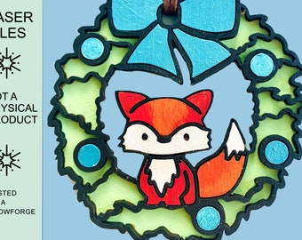 Fox Christmas Ornament SVG Cute Baby Fox Wreath Laser File Two Layer Easy Paint Easy Assemble Wooden Fox Sign Woodland Animal Wall Hanging