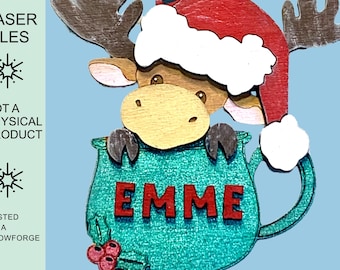 Moose in Mug SVG Laser Cut File, Cute Reindeer Christmas Ornament, Personalized Woodland Caribou, Deer in Cocoa Cup, 3D Two Layer Easy Paint