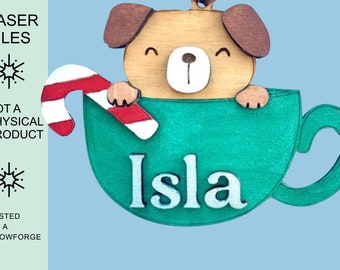 Cute Puppy Dog in Teacup SVG Laser File, Boxer/Australian Shepherd/ Fox or Border Terrier/ Airedale Pup, 2 Layer Kids Personalized Ornament