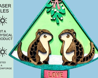 Pangolin Couple SVG Laser Cut File, First Christmas Together Ornament, Armadillo Love,  Wedding, Mistletoe Kiss, 3D Multilayered, Easy Paint