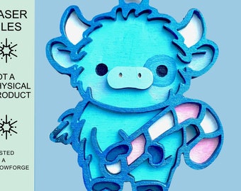 Highland Cow Two Layer SVG Laser File Download, Cute Baby Cow Christmas Candy Cane Ornament, Wall Hanging, Adorable 3D Kids Sign, Easy Paint