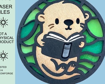 Cute Otter Reading Book Digital SVG laser file, Book Club Logo Ornament, Nursery Sign, Library Wall Hanging, DIY Easy Paint Kids Class Craft