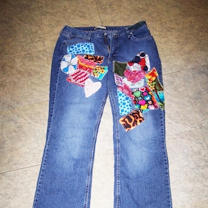 Patchwork Recycled Denim Jeans Womens Size 16, Vintage Boho Hippie Style Jeans, Made in the USA, Colorful Patches, Large Size Womens Jeans
