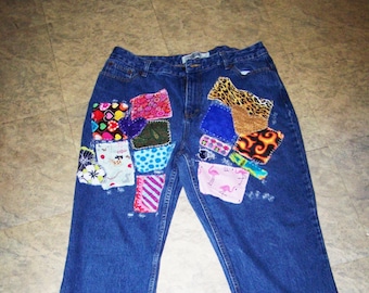 Patchwork Distressed Denim Jeans Womens Size 16S, Vintage Boho Hippie Style Jeans, Made in USA, Colorful Patches, Large Size Womens Jeans