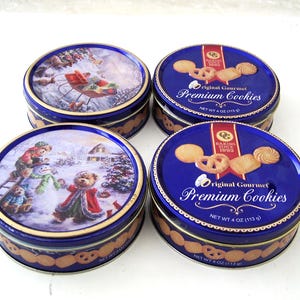 Juego de 4 latas para galletas, recipientes decorativos, almacenamiento de recuerdos, latas de comida recicladas, latas de comida recicladas, latas de galletas pequeñas, latas de almacenamiento