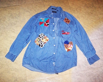 Quilt Patchwork Ivy Crew Denim Womens Long Sleeve Shirt Size 15 1/2 (32/33), Made in America, Vintage Boho Hippie Style Shirt, Jean Shirt