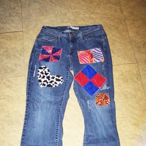 Patchwork Levis 529 Denim Jeans Womens Size 8M, Vintage Boho Hippie Style Jeans, Made in American, Colorful Patches, Small Size Womens Jeans
