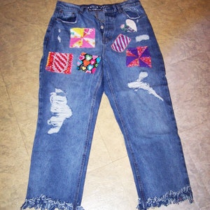 Patchwork Distressed Denim Jeans Womens Size 13 Made in America, Vintage Boho Hippie Style Jeans, Colorful Patches, Recycled Womens Jeans
