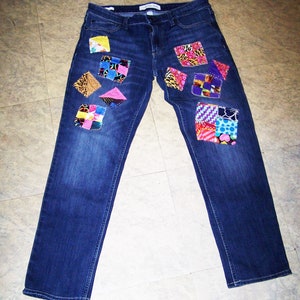 Quilt Patchwork Recycled Denim Jeans Boyfriend Fit Size W34 X L30, Vintage Boho Hippie Style Jeans, Colorful Patches on Pants, Made in USA.