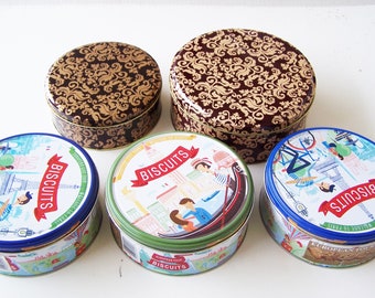 Cookie or Food Tins Set of 5, Decorative Containers, Keepsake Storage, Recycled Food Tins, Upcycled Food Cans, Small Cookie Tins, Storage