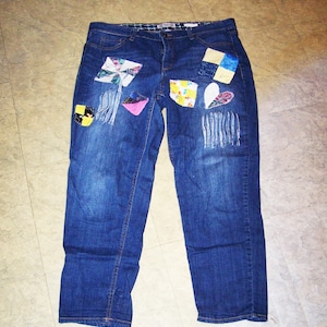Quilt Patchwork Recycled Denim Jeans Boyfriend Fit Size W38 X L27 Made in America, Vintage Boho Hippie Style Jeans, Colorful Patches