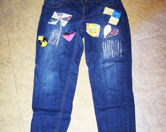 Quilt Patchwork Recycled Denim Jeans Boyfriend Fit Size W38 X L27 Made in America, Vintage Boho Hippie Style Jeans, Colorful Patches