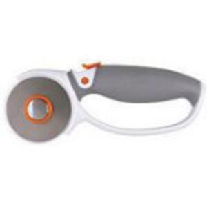 May include: A gray and orange rotary cutter with a safety lock and a white handle.