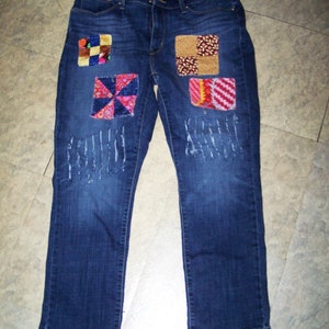Quilt Patchwork Recycled Levis Denim Jeans Womens Size 14, Vintage Boho Hippie Style Jeans, Jeans with Colorful Patches