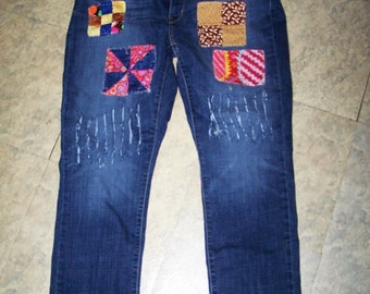 Quilt Patchwork Gerecycled Levis Denim Jeans Dames Maat 14, Vintage Boho Hippie Style Jeans, Jeans met kleurrijke patches