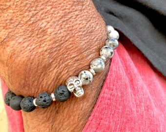 Pulsera elástica de cuentas de piedras preciosas para hombre: cebra jaspe, lava, calavera plateada (Calavera).