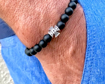 Pulsera elástica de cuentas de piedras preciosas para hombre: ónix, ojo de tigre y cruz (Brin).