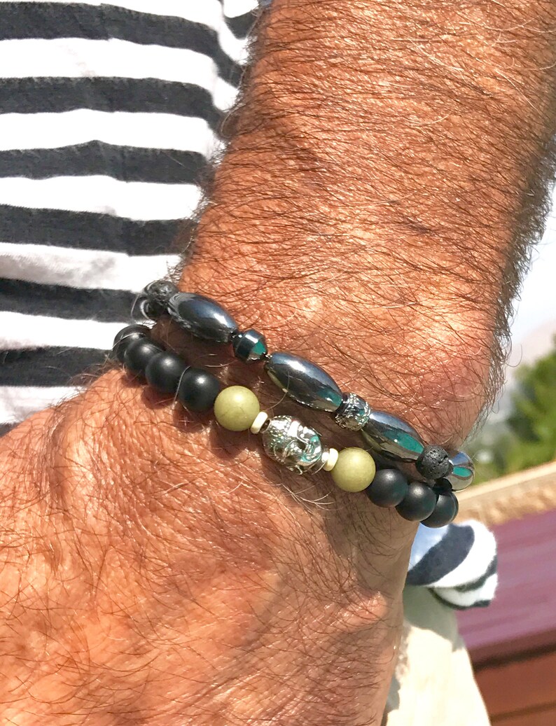 Pip . Men/'s stretchy gemstone bead bracelet- Lava Hematite