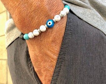 Pulsera elástica de cuentas de piedras preciosas para hombre: Lava, Howlita (Mani).