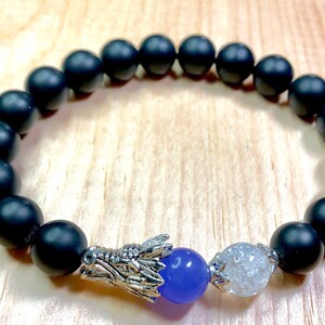 Men's stretchy black Onyx, purple Agate, cracked crystal gemstone bead bracelet, silver toned dragon head, silver spacers (Winter Dragon).