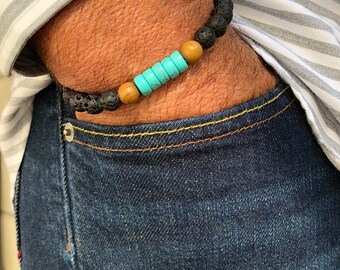 Pulsera de perlas de piedra preciosa elástica de los hombres - Lava, Jasper, Howlite turquesa (Korok).