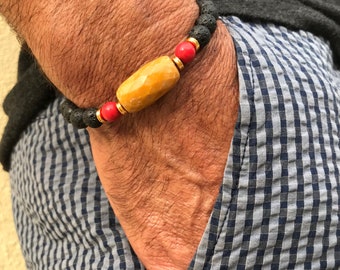 Pulsera elástica de cuentas de piedras preciosas para hombre: Lava, Jasper (Wally).