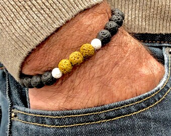 Pulsera de perlas de piedra preciosa elástica de los hombres - lava, plata (Lavakhak).