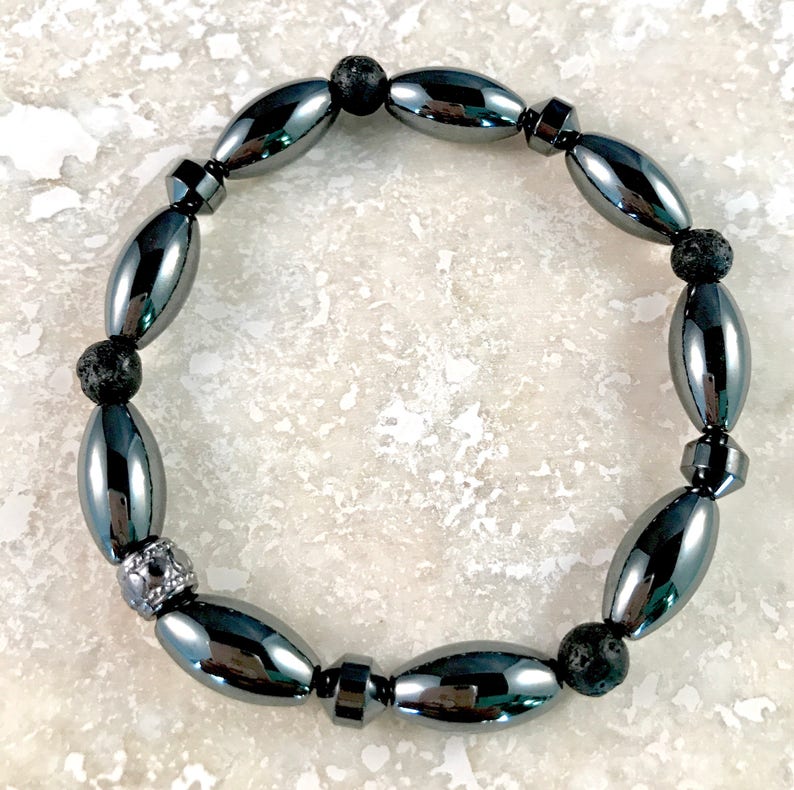 Pip . Men/'s stretchy gemstone bead bracelet- Lava Hematite