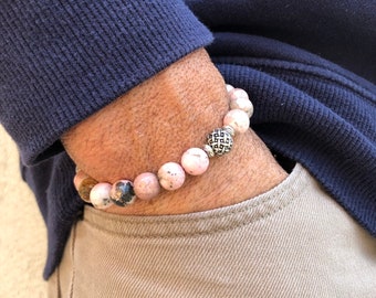 Pulsera de rodocrosita para hombre – Cuentas rosa grisáceo, tono plateado