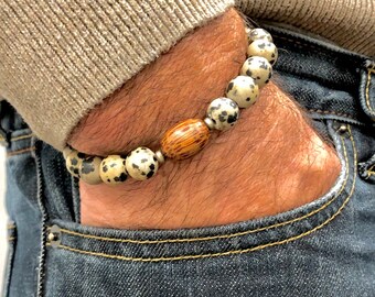 Men's stretchy gemstone bead bracelet - Jasper, Wood (Dal)